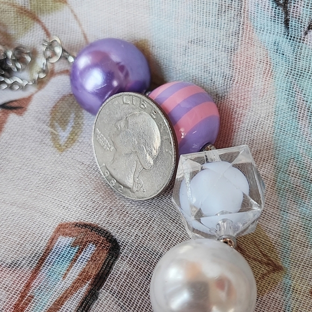Acrylic Big Balls Purple Lavender Faux Pearls Rhinestone Striped Beads Necklace - Picture 10 of 12